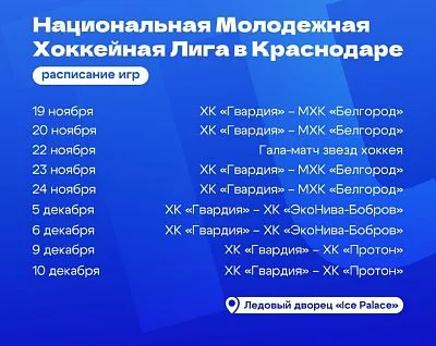 В рамках Национальной Молодежной Хоккейной Лиги в г. Краснодар будут проходить матчи с участием хоккейного клуба "Гвардия"