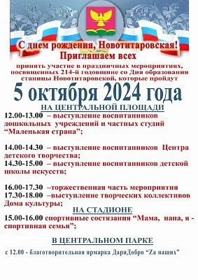 Праздничные мероприятия, посвященные 214-й годовщине со дня образования станицы Новотитаровской